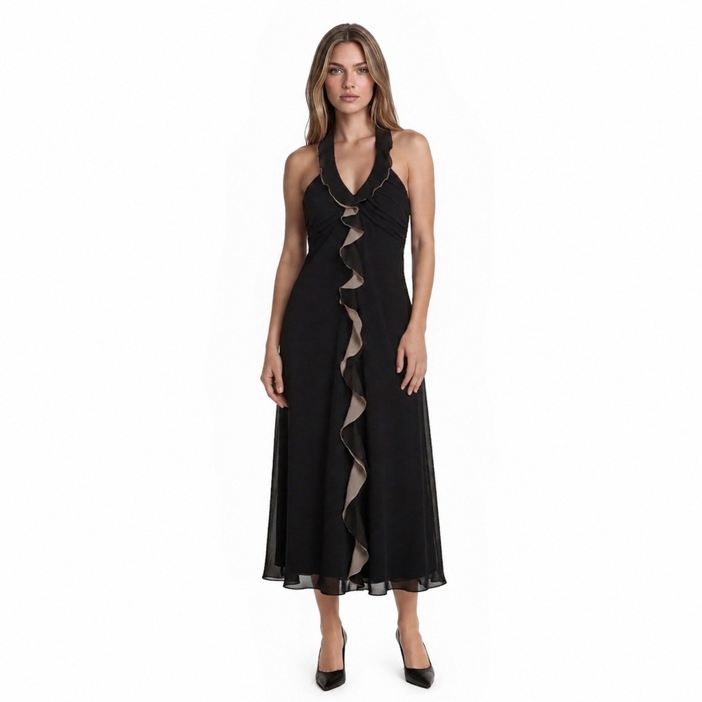 SL Fashions Midi Cocktail Dress Women's Size 6 Black Tan Ruffle Halter Open Back